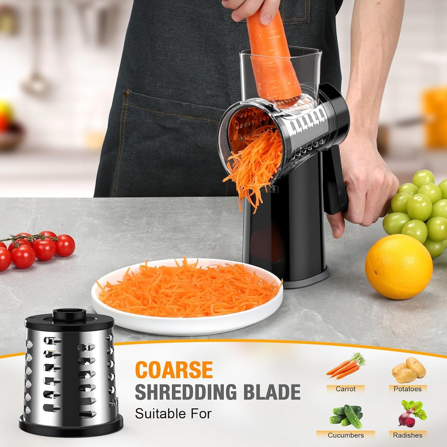 Ibergrif Rotary Cheese Grater Hand Crank– Manual Vegetable Slicer Mandoline with Foldable Handle, Rotary Grader with 3 Interchangeable Blades, Manual Cheese Shredder with Suction Base | 430 Stainless Steel Suction Base Finger Guard BPA Free for Cheese