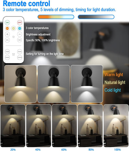 Black Battery Operated Wall Sconce Set of Two, Easy to Install Wireless Lights for Wall, Remote Control Dimmable LED Lights, Auto Timer Wall Lamp Fixtures for Bedroom, Gallery, Living Room, RV
