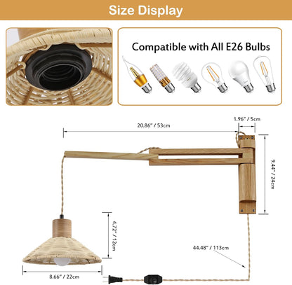maesta Plug in Wall Lamp, Wood Swing Arm Wall Sconce for Bedroom