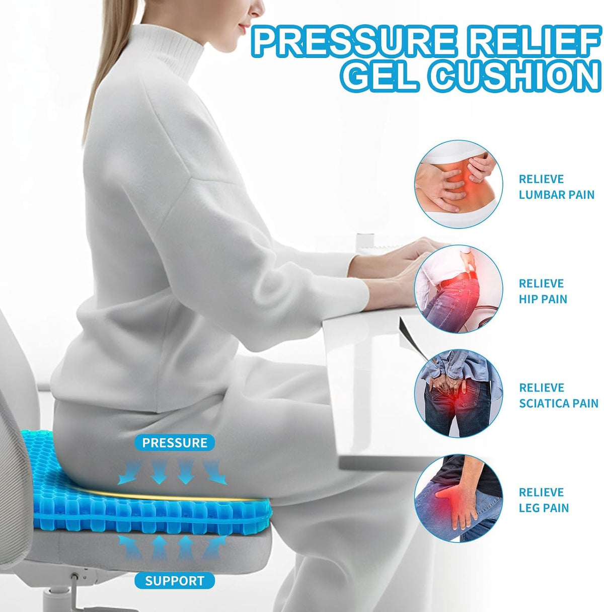 Gel Seat Cushion for Long Sitting - 16.5" x 14.5" x 2.4" (Extra Thick＆Soft)