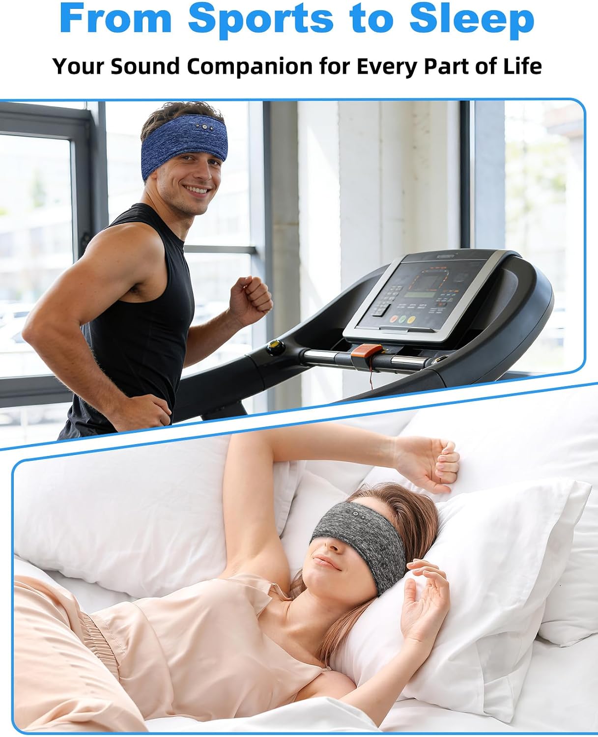Adjustable Bluetooth Sleeping Headphones Headband for Men Women 2PCS | Hook-and-Loop, Thin Speakers, 14H Playtime, Earphones for Side Sleepers Running Workouts Sports Yoga Meditation - Blue&Gray