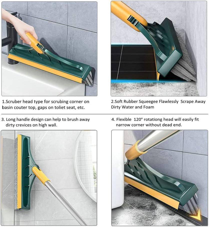 2 in 1 Floor Brush Scrubber with Long Handle Grout Brush 3 Poles 53.5'' New Upgrade Stiff Bristle Cleaning Scrub Brush with Squeegee 120°Rotating Tile Brush for Cleaning Bathroom Glass Patio Kitchen