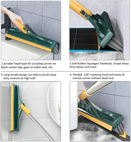 2 in 1 Floor Brush Scrubber with Long Handle Grout Brush 3 Poles 53.5'' New Upgrade Stiff Bristle Cleaning Scrub Brush with Squeegee 120°Rotating Tile Brush for Cleaning Bathroom Glass Patio Kitchen