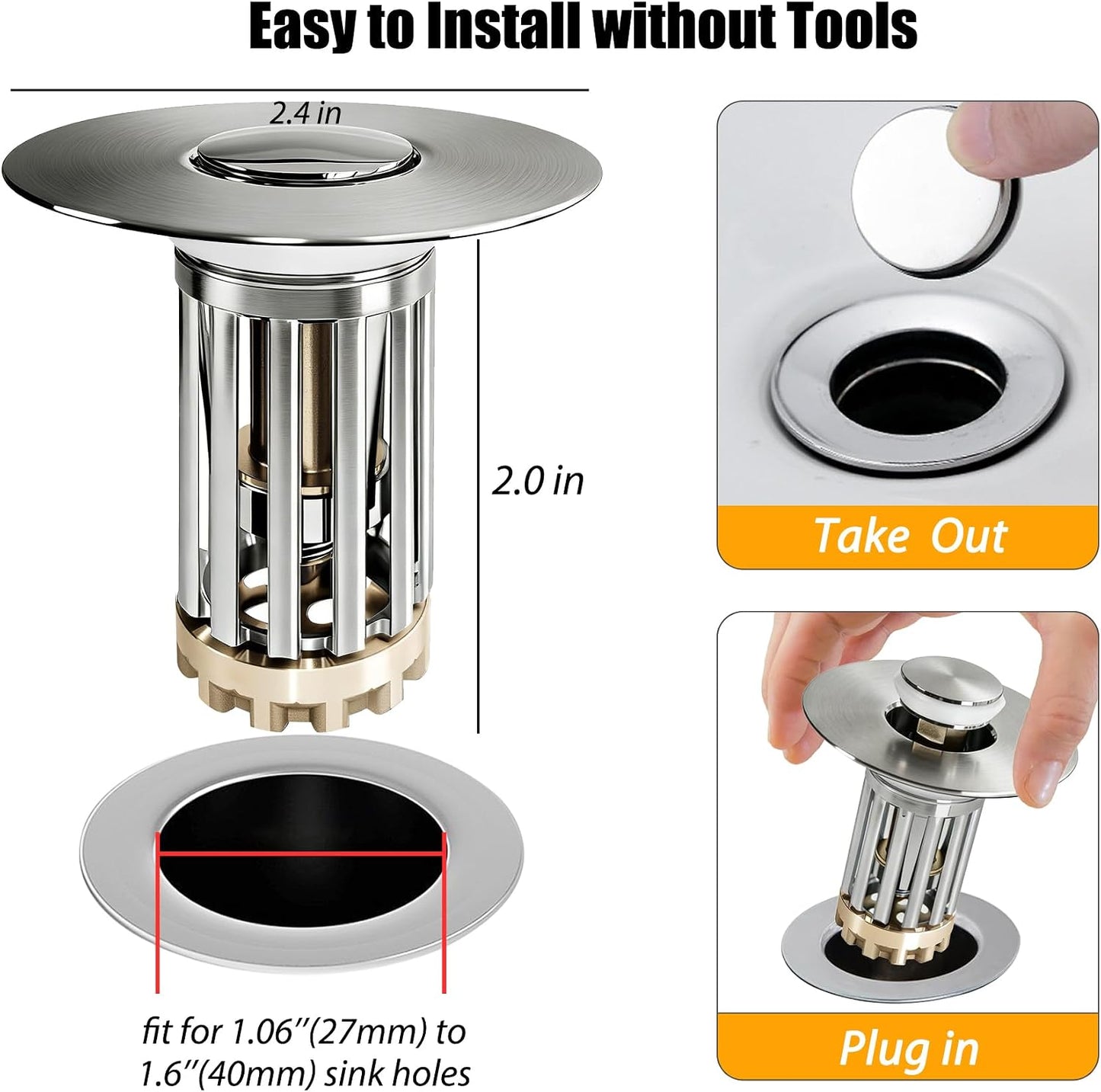 Anlige Bathroom Sink Drain Strainer, 3 in 1 Pop Up Bathroom Sink Stopper with Removable Brass Basket Hair Catcher, Universal Sink Plug for 1.06 to 1.6in Drain Hole, Chrome Silver