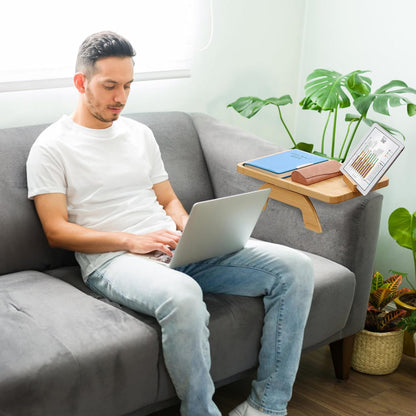 Couch Arm Tray,Bamboo Sofa Clip on Side Table,Foldable Couch Armrest Table with 360°Rotating Phone Holder,Anti Slip Food Trays for Eating/Drinks/Snacks/Remotes 15.35" x 9.85"