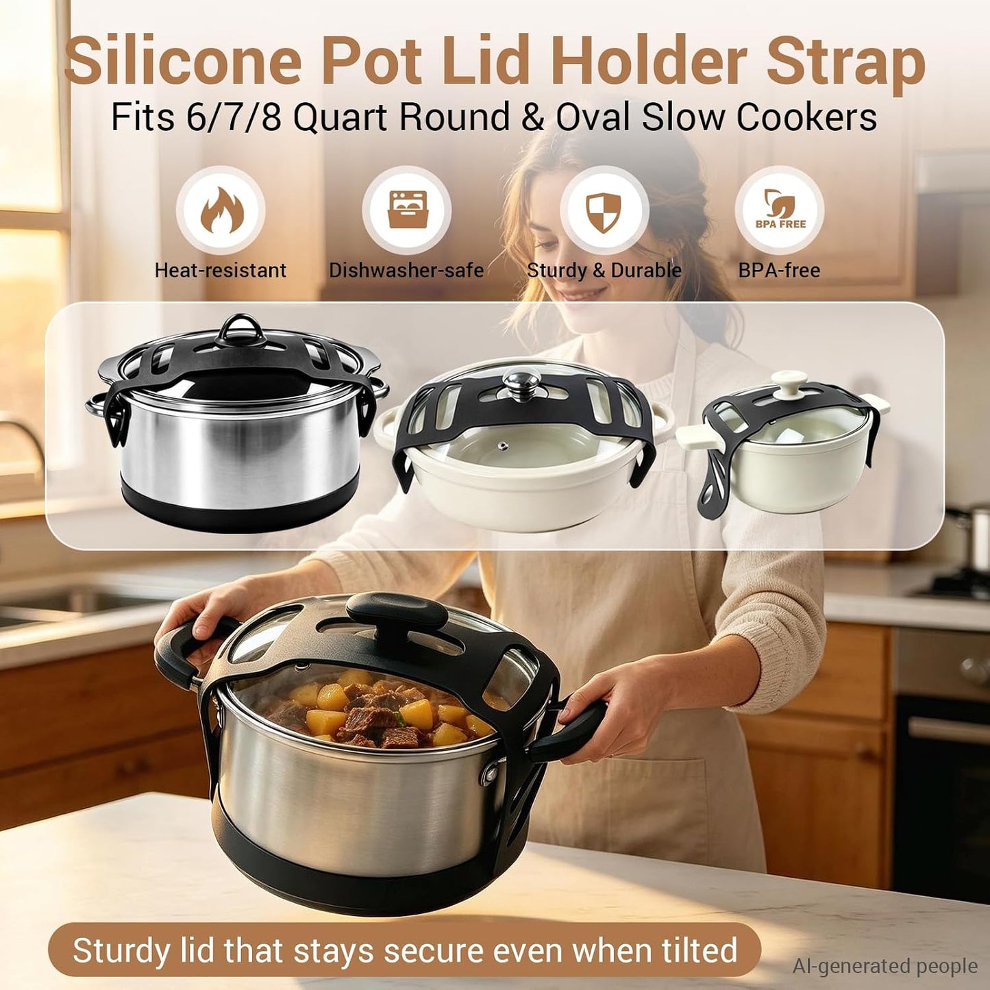 Pot Lid Holder Set with Silicone Lid Lock Strap for Slow Cooker | 2pcs Pot Lid Holders & Lid Latch for Crockpot Slow Cooker(6/7/8 Quart)Heat-Resistant, No-Spill Design Transport Accessories