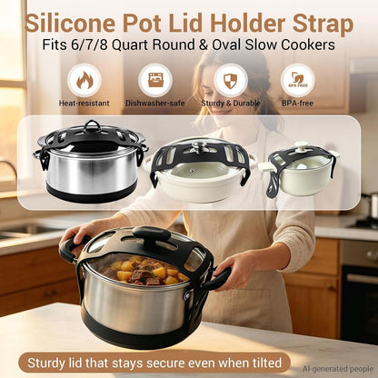 Pot Lid Holder Set with Silicone Lid Lock Strap for Slow Cooker | 2pcs Pot Lid Holders & Lid Latch for Crockpot Slow Cooker(6/7/8 Quart)Heat-Resistant, No-Spill Design Transport Accessories