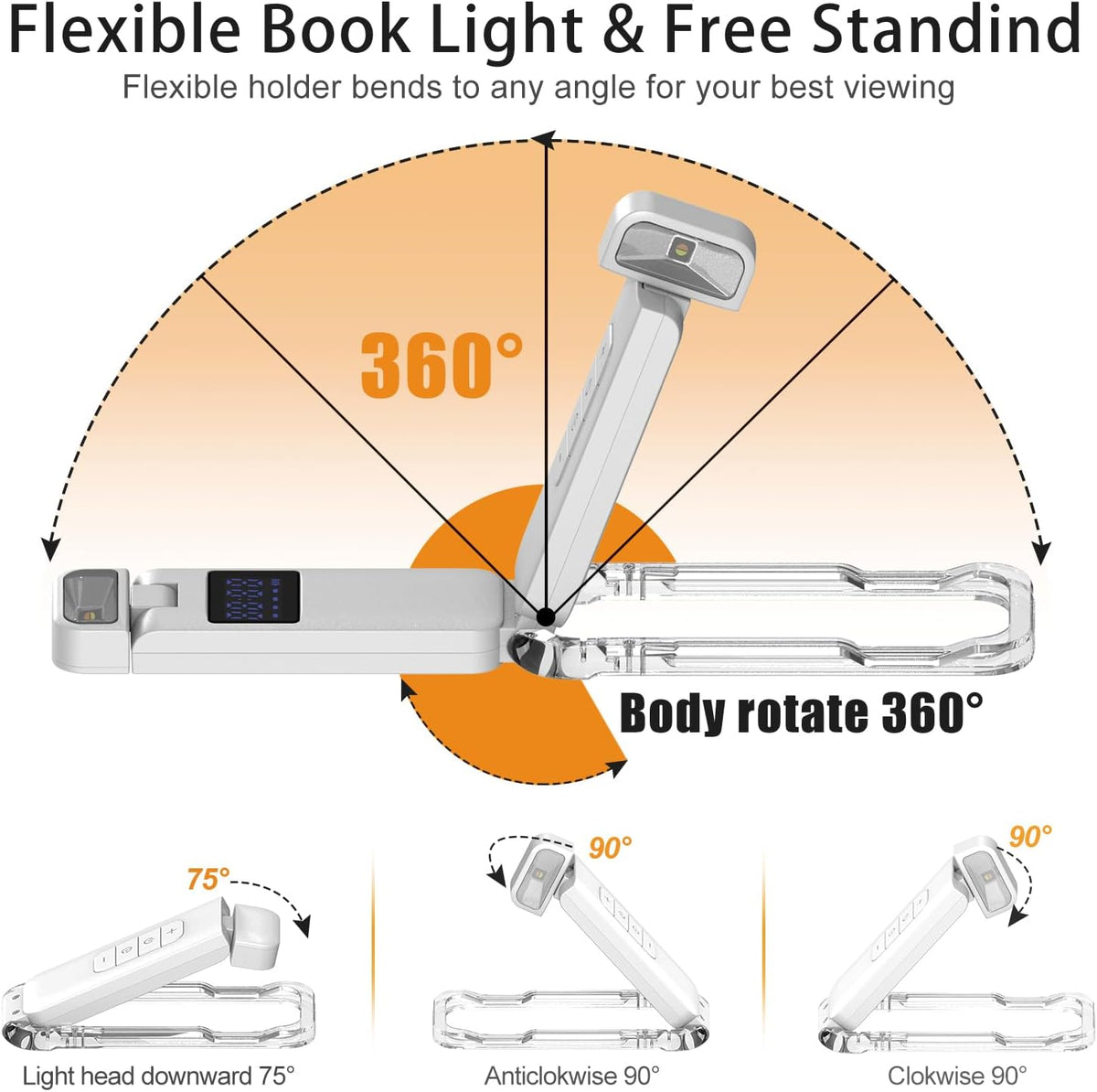SFV Digital Book Lights for Reading at Night, USB Rechargeable Reading Lights for Books in Bed Clip-on, 3 Colors & 5 Brightness Dimmable, Compact & 80H Long Lasting for Book Lovers, Kids, Violet