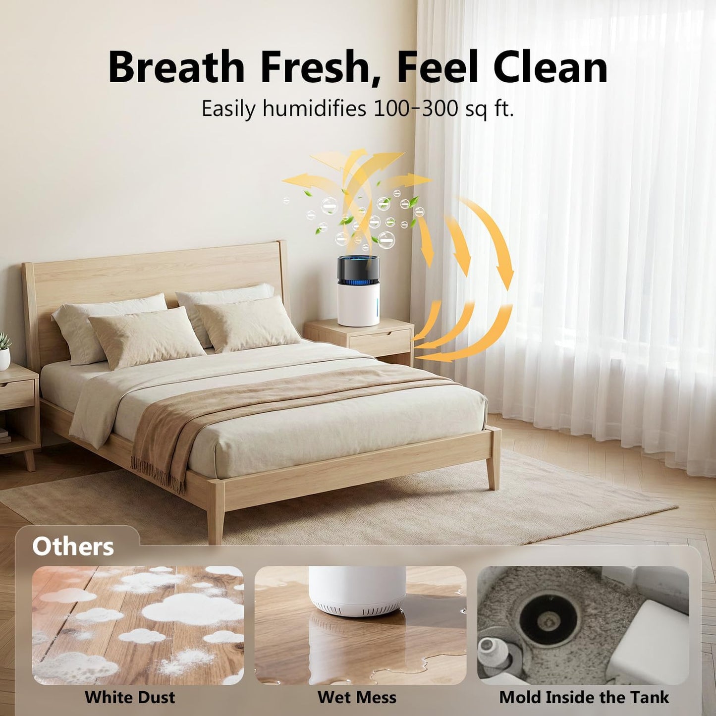 Mist-Free Evaporative Humidifier for Bedroom, Top Fill Humidifier Work with Tap Water, Touch Control,USB Powered, Sleep Mode, Night Light,1–8H Timer, Easy-Clean Design for Home Office-3L