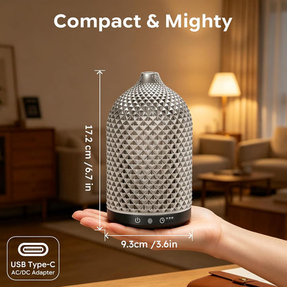 Essential Oil Diffuser 150ml, Glass Diffuser with Ultrasonic Small Humidifier, 7 Color Lights, 1/2/4H Timer, Quiet Auto Shut-Off Oil Diffuser for Bedroom, Home, Office (Silvery)