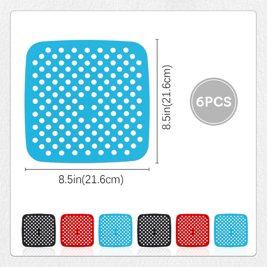 6 Pack Square Silicone Air Fryer Liners – 8.5 Inch / 21.6 cm Reusable Nonstick Mats – Heat-Resistant, Dishwasher Safe Air Fryer Accessories – Black, Red, Sky Blue