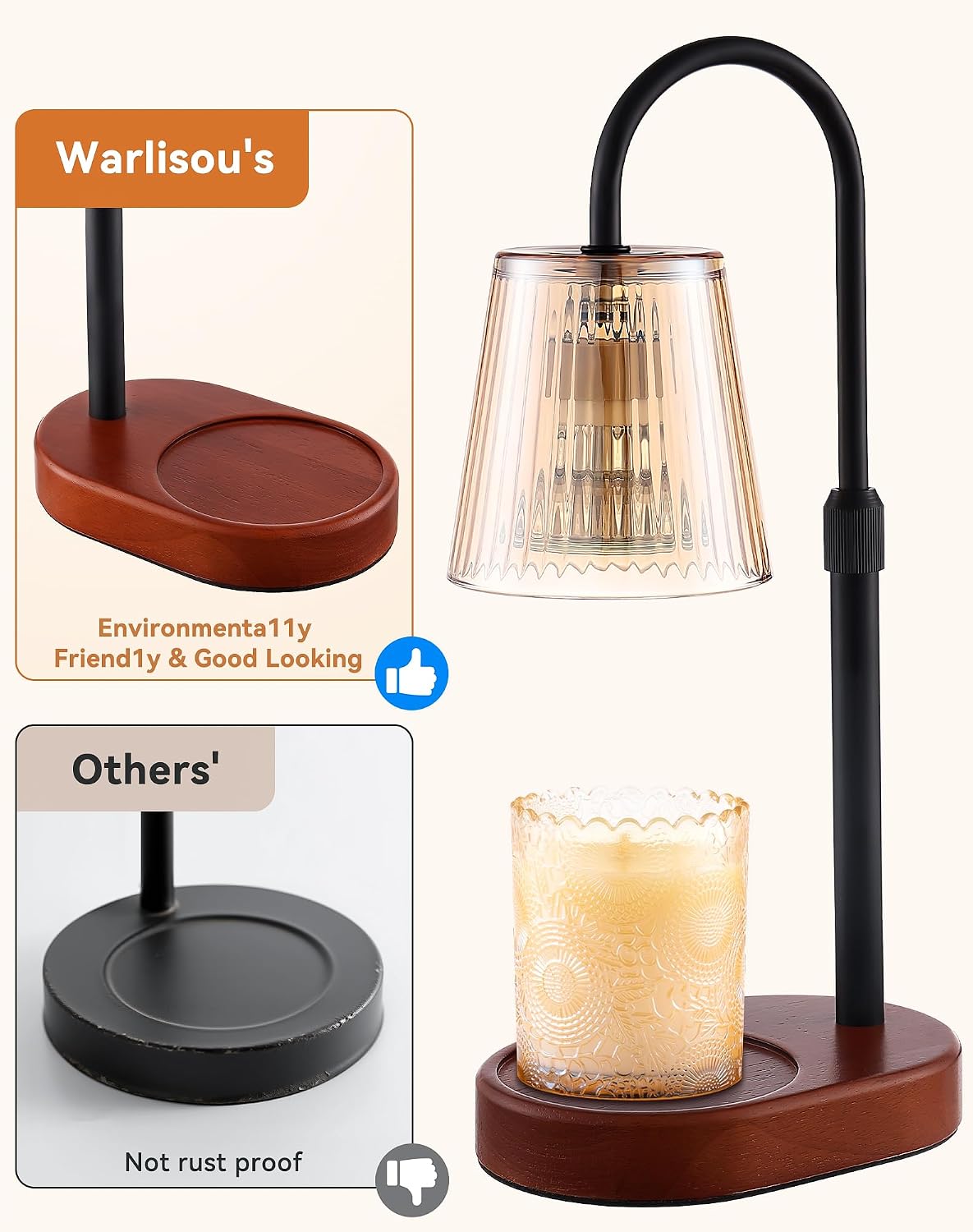 Adjustable Candle Warmer Lamp with Timer - Electric Light Wax Warming | Dimmable, Flameless, Top Melter Heater Melting Heating Height Small Jar Candles Gifts Women Mom Birthday Desk Modern Decor