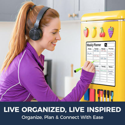 Magnetic Dry Erase Calendar for Refrigerator - 11"x8" Compact Fridge Whiteboard with 6 Markers & 2 Erasers, Weekly Planner, Sunday Start