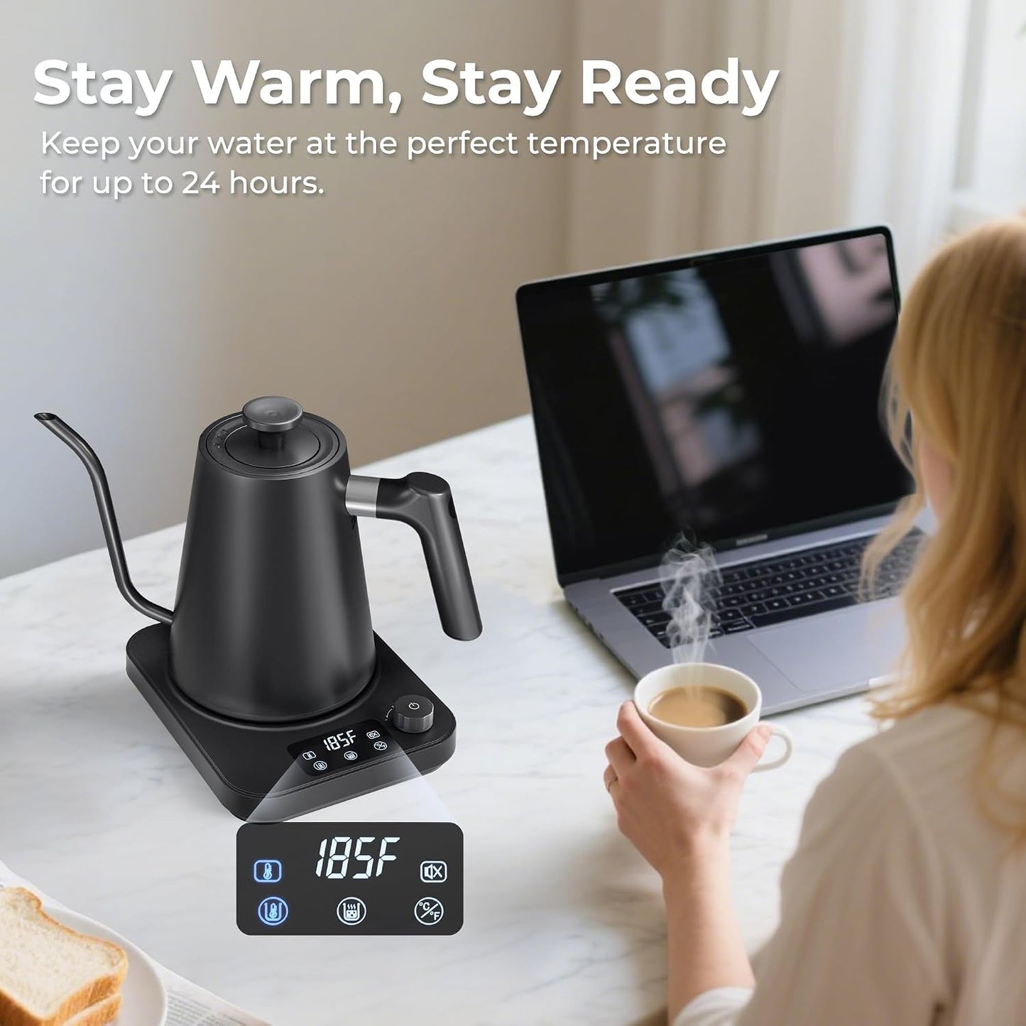Gooseneck Electric Kettle, ±1°F Temperature Control Electric Kettle, 1.0L 1200W Fast Heating, 24H Keep Warm, 30Min Auto Memory, Food Grade Stainless Steel, Pour Over Kettle for Coffee and Tea