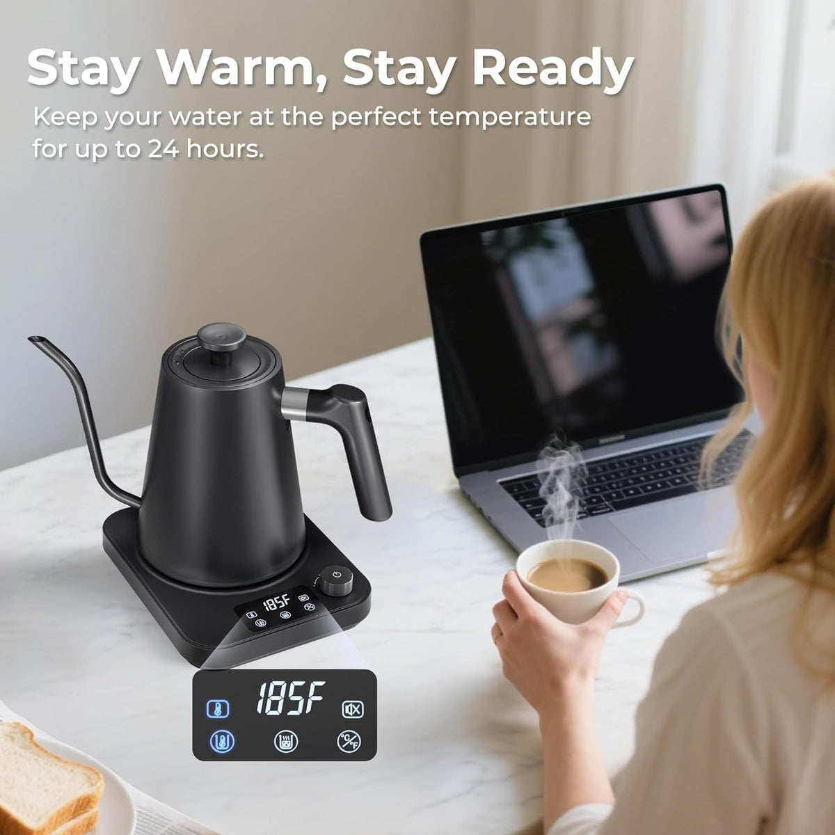 Gooseneck Electric Kettle, ±1°F Temperature Control Electric Kettle, 1.0L 1200W Fast Heating, 24H Keep Warm, 30Min Auto Memory, Food Grade Stainless Steel, Pour Over Kettle for Coffee and Tea