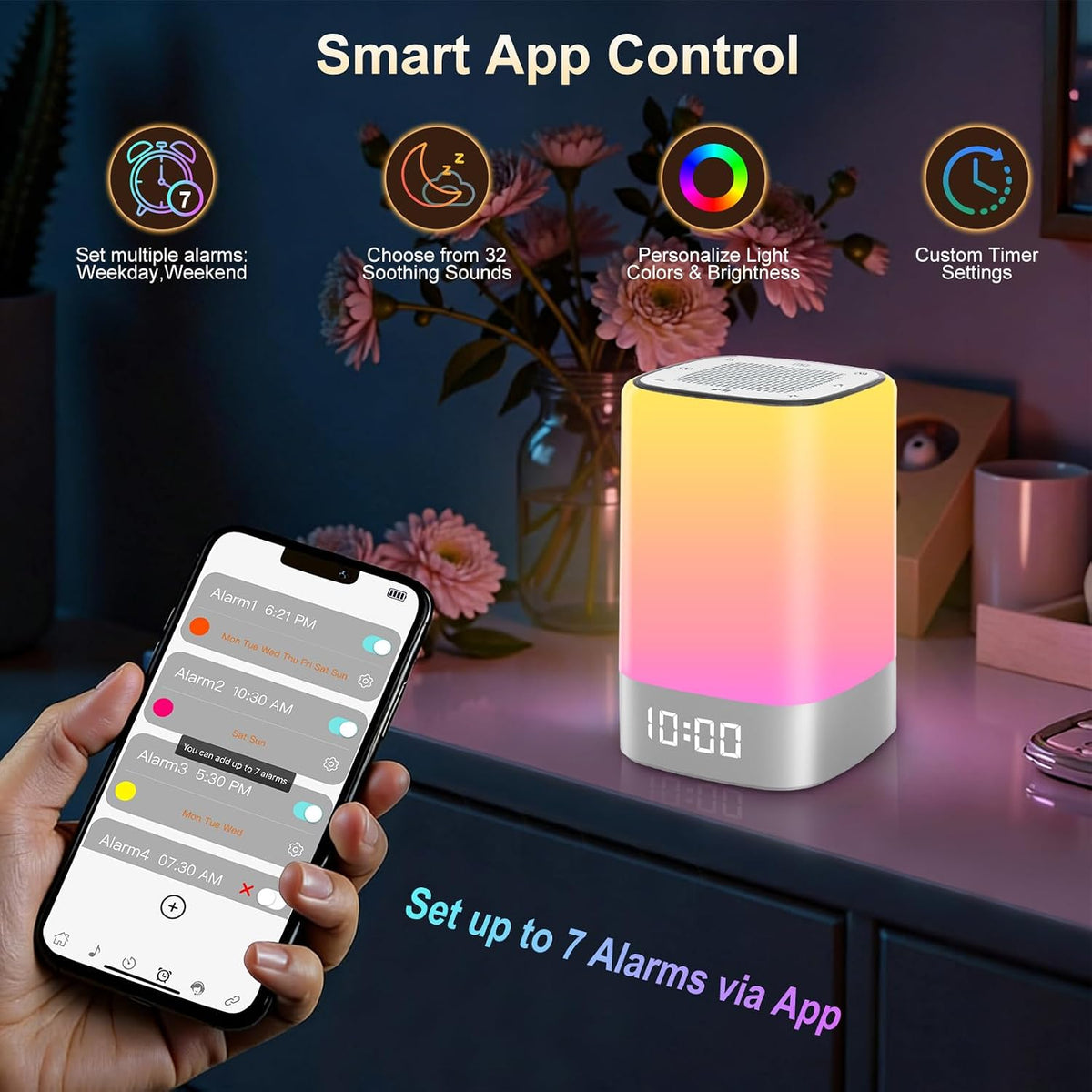 Sound Machine 32 Soothing Sounds, Alarm Clock Night Light Bluetooth Speaker
