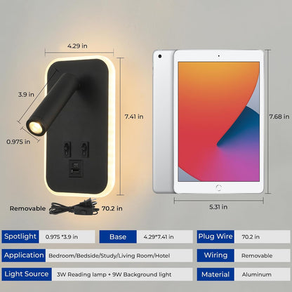 Wall Sconce Plug in with Wall Mounted Reading Lights,Modern Wall Lamp for Bedroom with Charging Station USB C+A Ports,Headboard Bedside Lamps with 3W+9W Night Light,3 Color Temperature
