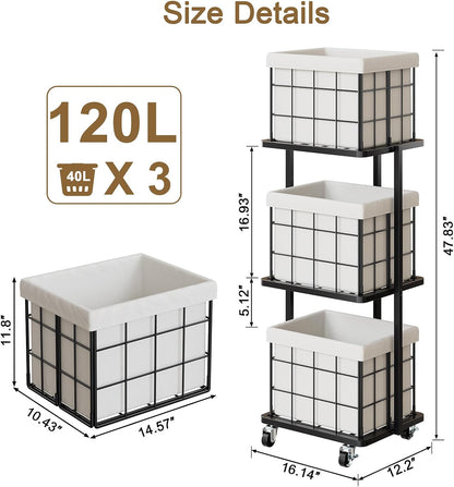 120L Vertical Laundry Sorter,3 Tier Metal Rolling Laundry Basket | Slim Tall Laundry Hamper 3 Section with wheels and 3 Removable Bags for Small Spaces, Dorm, Bathroom, Laundry Room, White