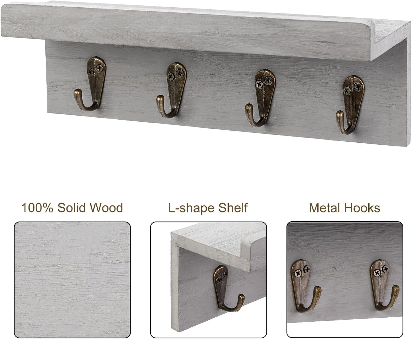HRONRAD Rustic Key Holder for Wall, Farmhouse Wall Shelf with 4 Hooks, Wall Mounted Key Racks, Wooden Mail Organizer with Hooks for Entryway (Brown - Pine)