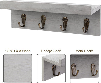 HRONRAD Rustic Key Holder for Wall, Farmhouse Wall Shelf with 4 Hooks, Wall Mounted Key Racks, Wooden Mail Organizer with Hooks for Entryway (Brown - Pine)