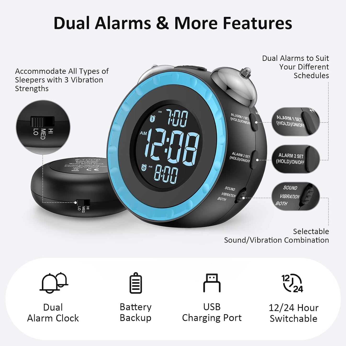 uscce Loud Dual Alarm Clock with Powerful Adjustable Bed Shaker | Vibrating Alarm Clock for Heavy Sleepers or Hearing Impaired - Easy to Set Alarm Clock with 0-100% Dimmer & Battery Backup