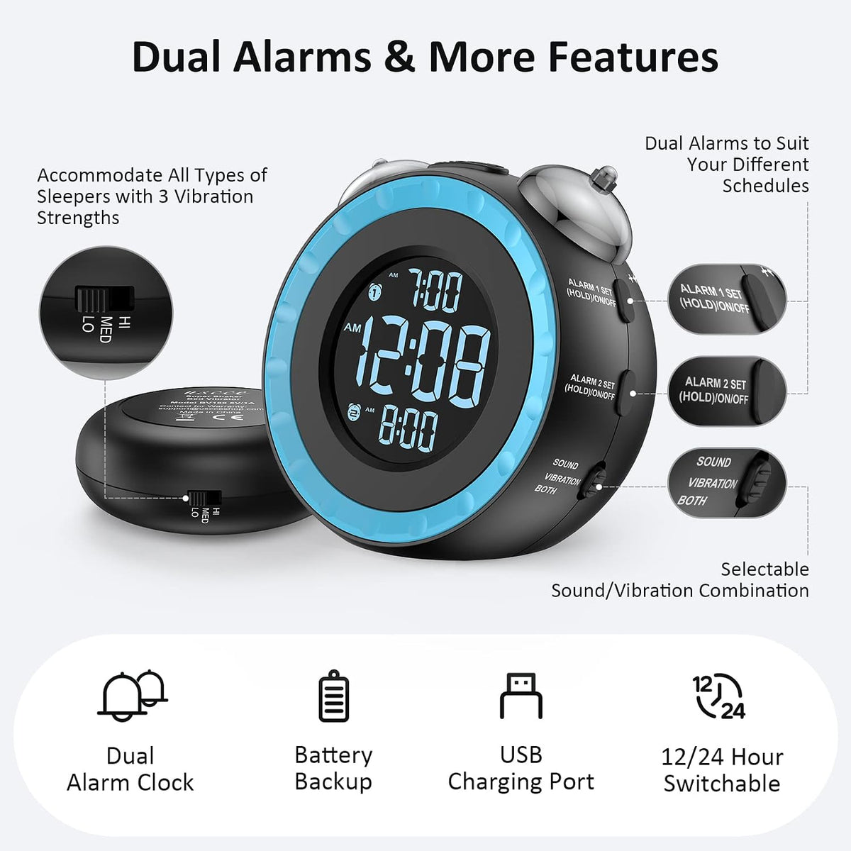 uscce Loud Dual Alarm Clock with Powerful Adjustable Bed Shaker