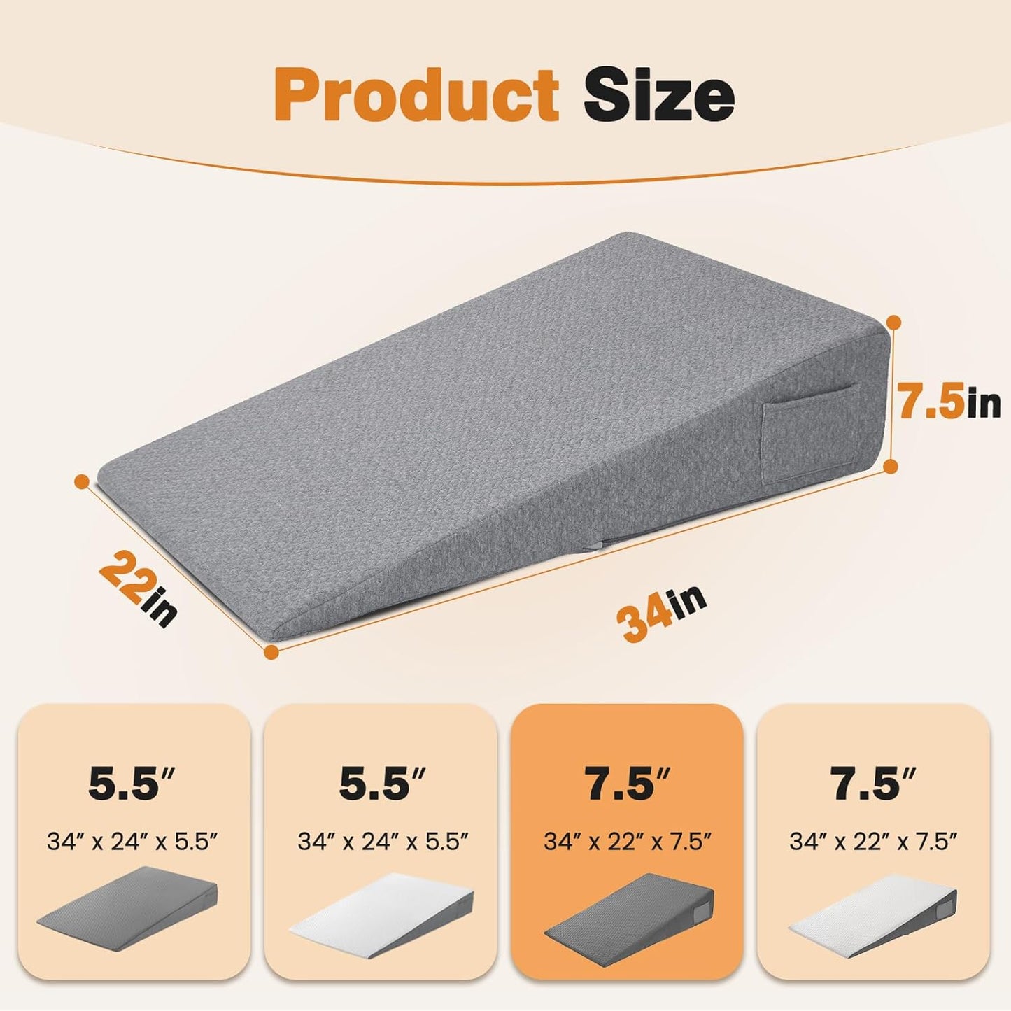 Vekkia 34" Extra-Long Wedge Pillow,7.5" Bed Wedge Pillow for Sleeping,White | Pillow Wedge Back Support for After Surgery, Idea for Acid Reflux,Snoring Relief,Removable Washable Cover&Double Side Pockets