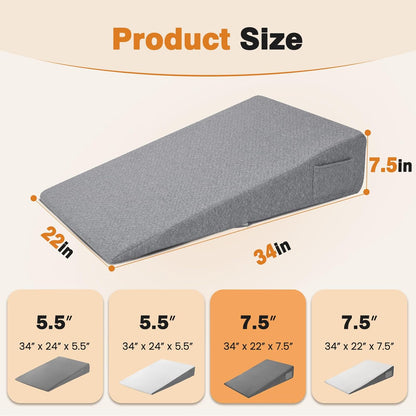 Vekkia 34" Extra-Long Wedge Pillow,7.5" Bed Wedge Pillow for Sleeping,White | Pillow Wedge Back Support for After Surgery, Idea for Acid Reflux,Snoring Relief,Removable Washable Cover&Double Side Pockets
