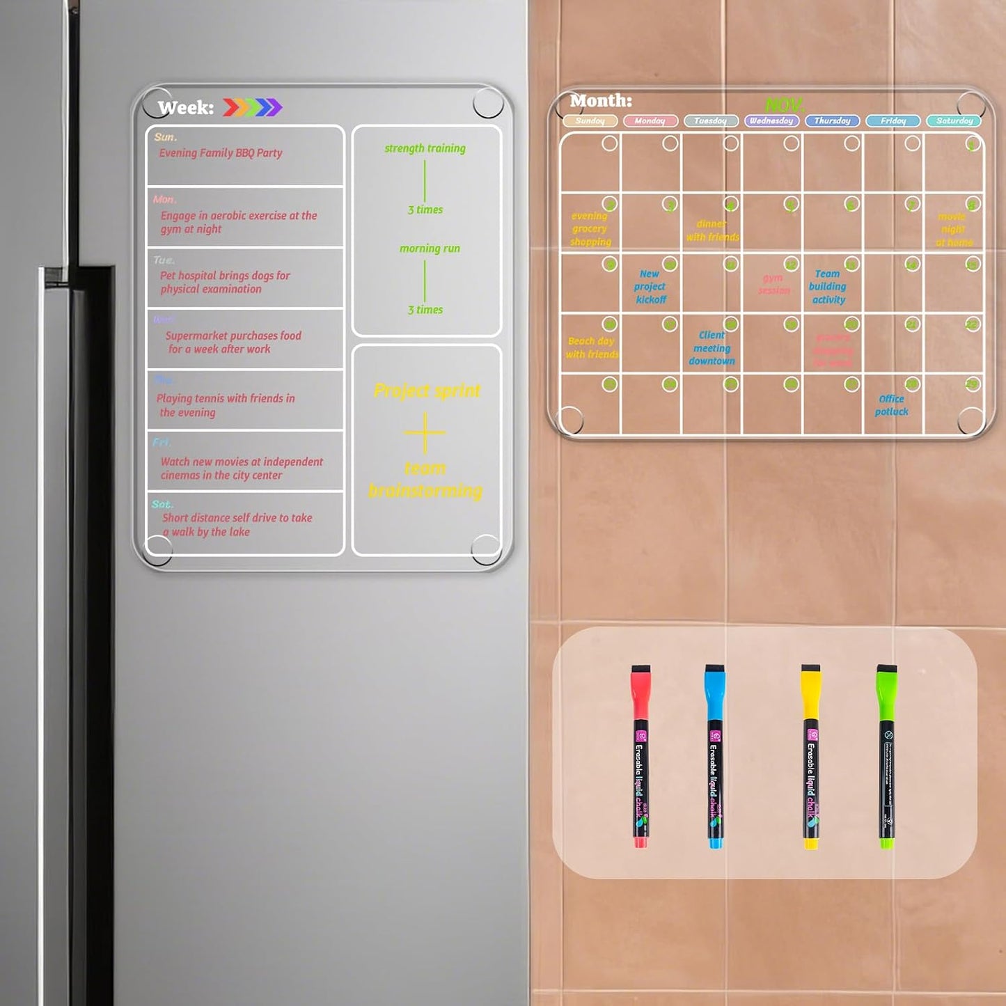 Non-Magnetic Fridge Calendar Set, Reusable Dry Erase Monthly Weekly Planning Boards, Transparent Chore Chart Sticks to Wall, Glass, Door, Any Smooth Surfaces(Month+Week+List)