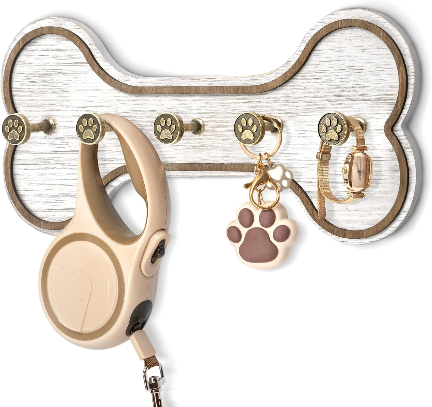 MTERSN Dog Leash Holder Wall Mount with 3D Paws Hooks, Distressed White | Bone-Shaped Dog Leash Holder for Wall, Leash Holder, 5 Dog Leash Hook, Pet Accessories Storage, Gift for Dog Lovers