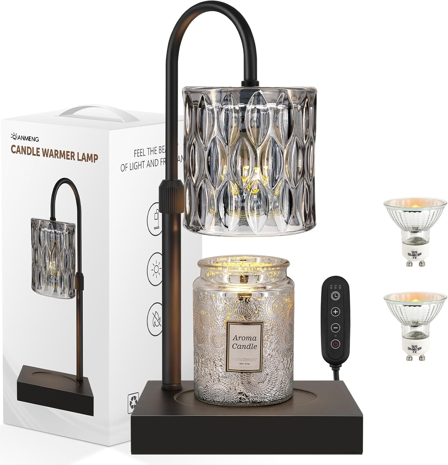 Candle Warmer Lamp with Timer, Electric Candle Warmer for Jar Candles, House Warming Gifts, Modern Home Decor Dimmable Wax Melting Lamp with Large Head, Black, Glass