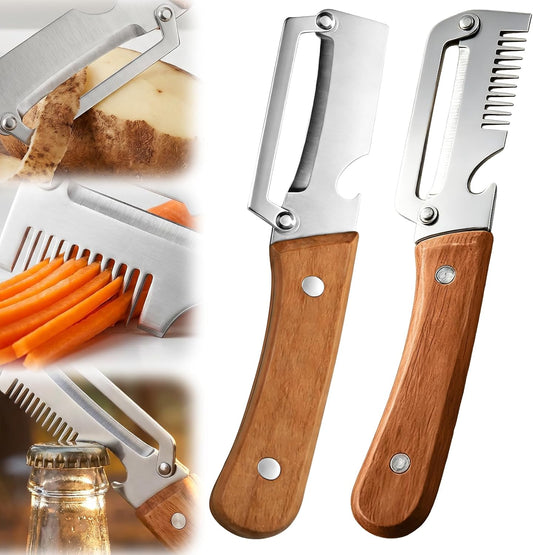 2026 Upgrade Vegetable Peeler and Julienne Peeler Set, Stainless Steel Vegetable Peelers for Kitchen with Wood Handles and Bottle Opener, Multifunctional Vegetable Peeler Set
