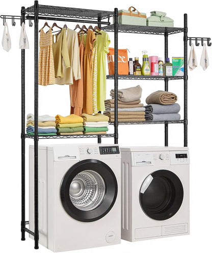 VEVOR Over the Washer and Dryer Storage Shelf, 5 Tier Laundry Room Drying Rack with Hanger Rod and Hooks, Adjustable Over Washer and Dryer Shelves, Laundry Room Shelf Storage Space Saver, White
