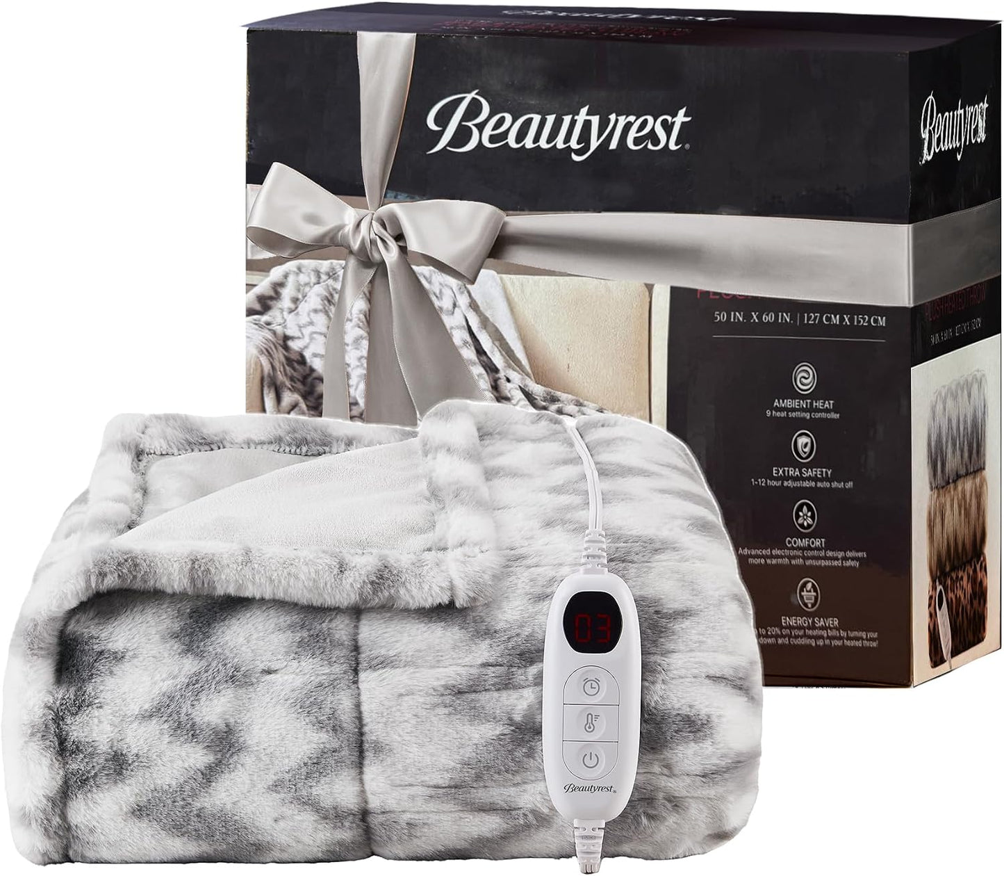 Beautyrest Long Brushed Faux Fur Ogee Textured Design Electric Blanket, Auto Shut Off, Virtually Zero EMF, Multi Heat Setting, UL Certified, Machine Washable, Grey Throw 50x60