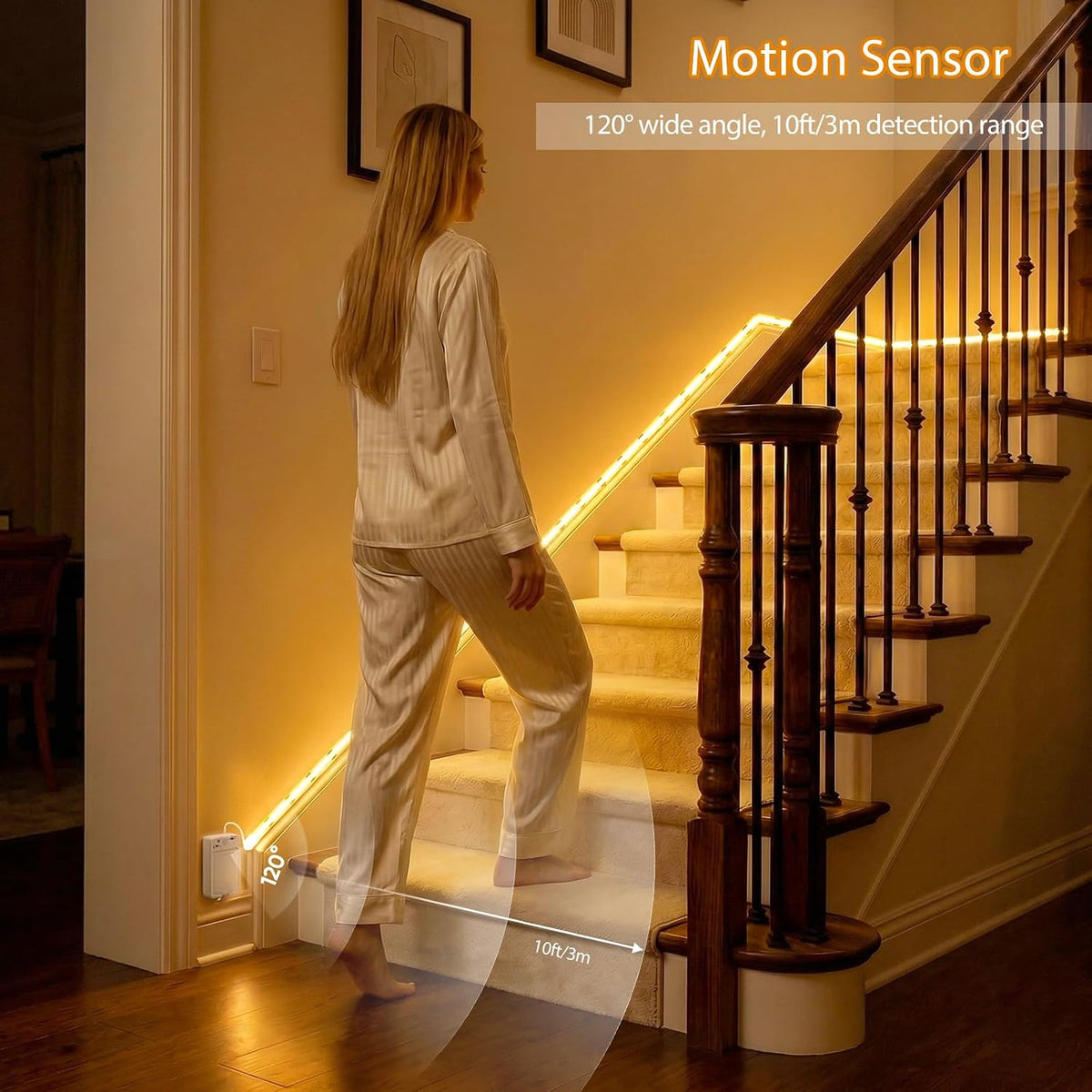 OMIKA Dual Sensor Stair Lights Indoor, Rechargeable 16.4ft LED Strip Light, 150 LEDs Double Motion Activated Under Bed Night Lights for Shelves, Stairway, Closet, Corridor, Bedroom, 6000K Cool White