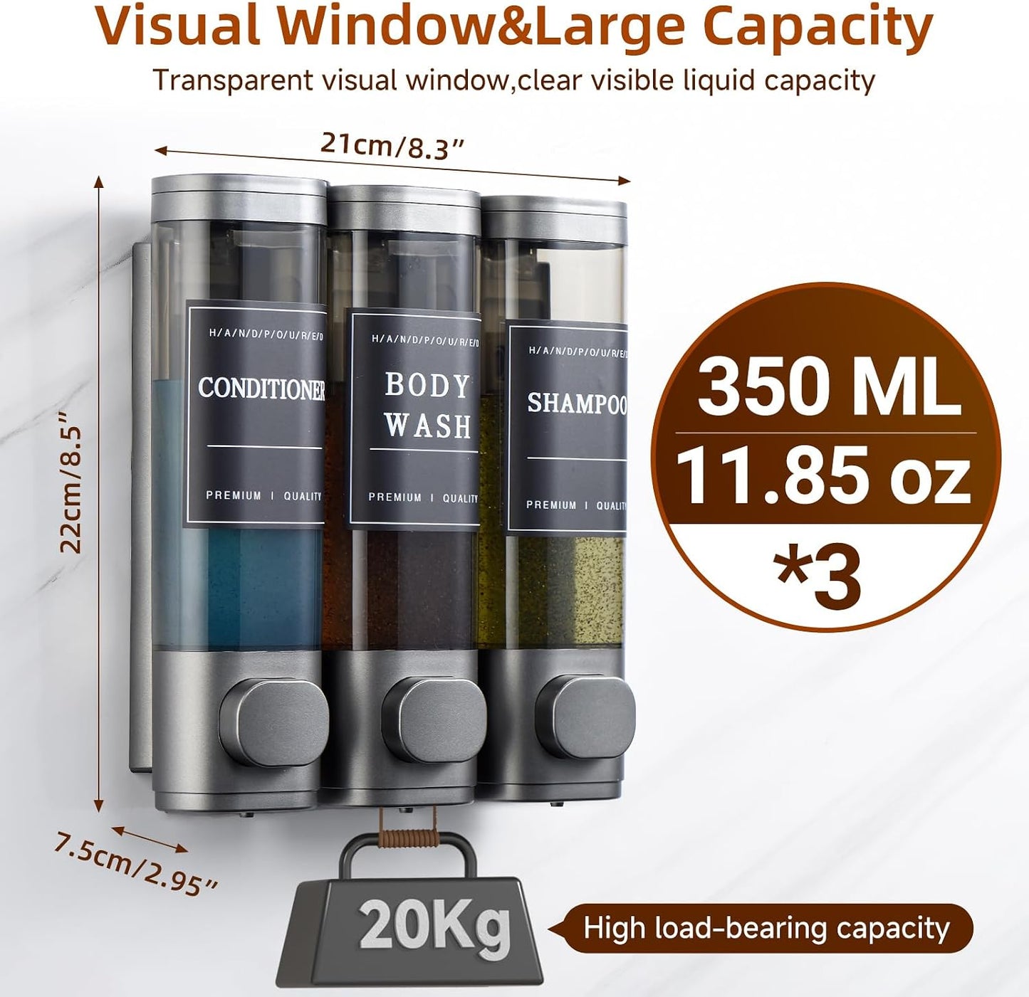 Shampoo and Conditioner Dispenser,Shower Soap Dispenser 3 Chamber No Drill Wall-Mounted Shampoo Dispenser for Shower Wall Mounted Shower Dispenser for Bathroom Hotel Large Capacity, Clear Bright