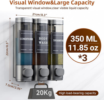 Shampoo and Conditioner Dispenser,Shower Soap Dispenser 3 Chamber No Drill Wall-Mounted Shampoo Dispenser for Shower Wall Mounted Shower Dispenser for Bathroom Hotel Large Capacity, Clear Bright