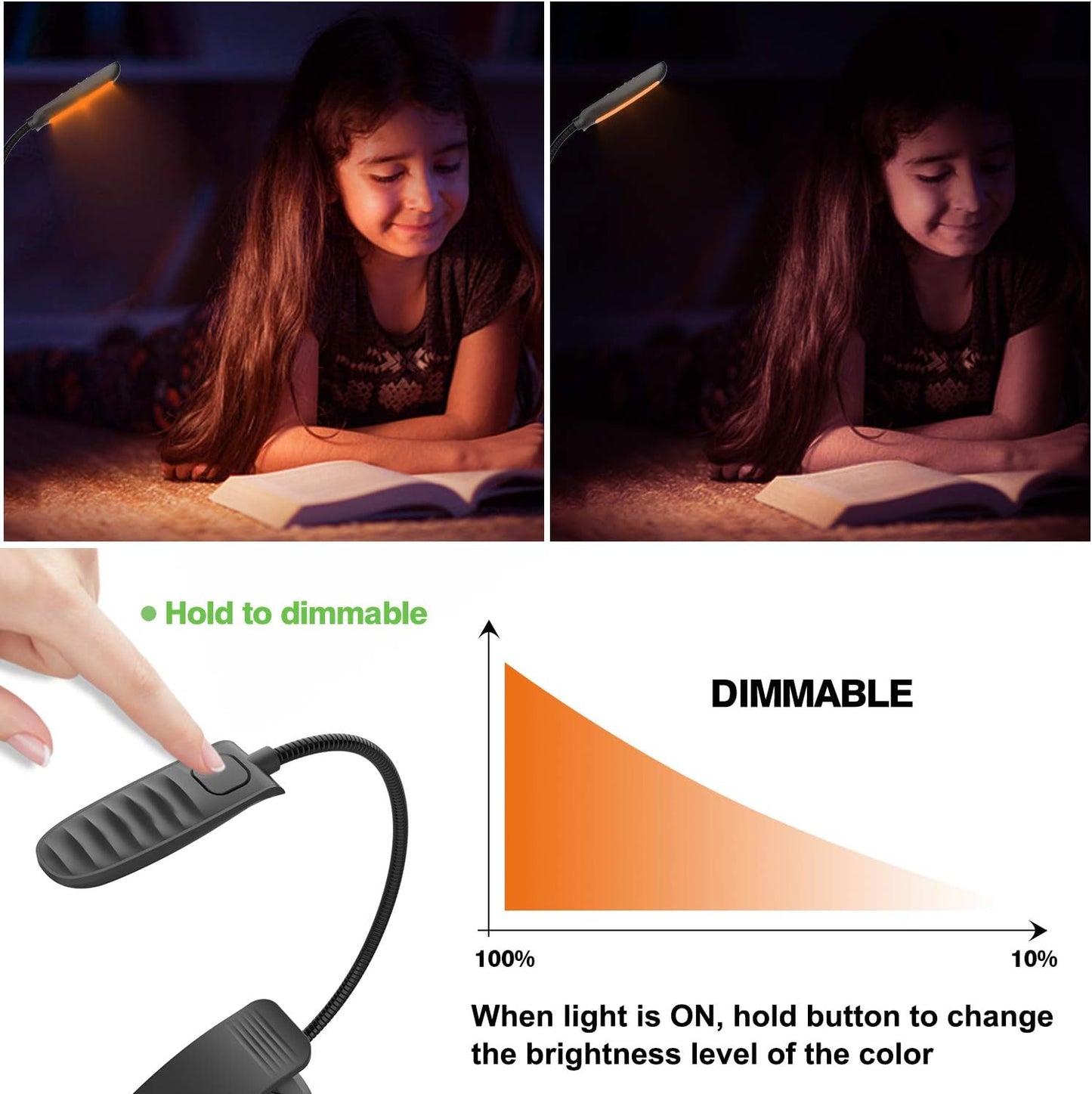 BIGMONAT Battery Operated Clip on Light, Dimmable Brightness Eye Care Book Reading Light, 360°Flexible Gooseneck Night Lighting for Home Office, Reading,Study (Orange, 2Pack)