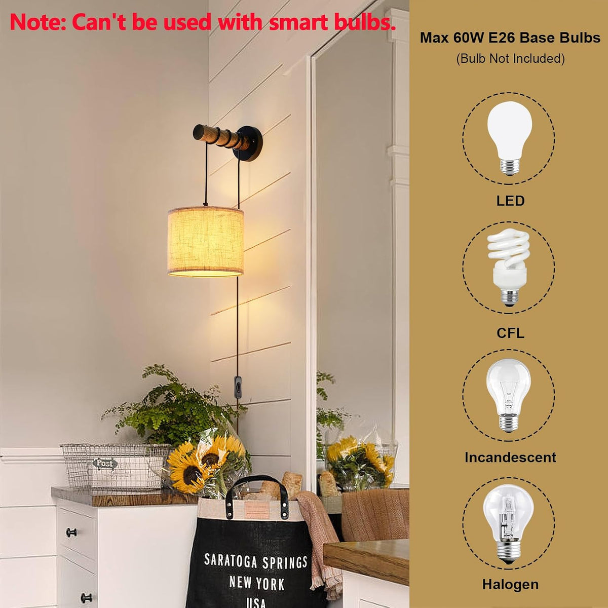 XSDeTu Battery Operated Wall Sconce with Remote, Rechargeable Battery Powered Wall Light, 3 Colors Dimmable Wall Mounted Lights, Adjustable Lamp for Bedroom Bedside, Wooden Arm, Fabric Shade, 2 Pcs