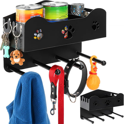 Dog Leash Holder for Wall, Dog Accessories Organizer with 4 Hook, Black Dog Leash Hanger with Shelf Storage, Metal Wall Mounted Key Holder for Pet Collar, Training Treats, Poop Bag, Home Decor