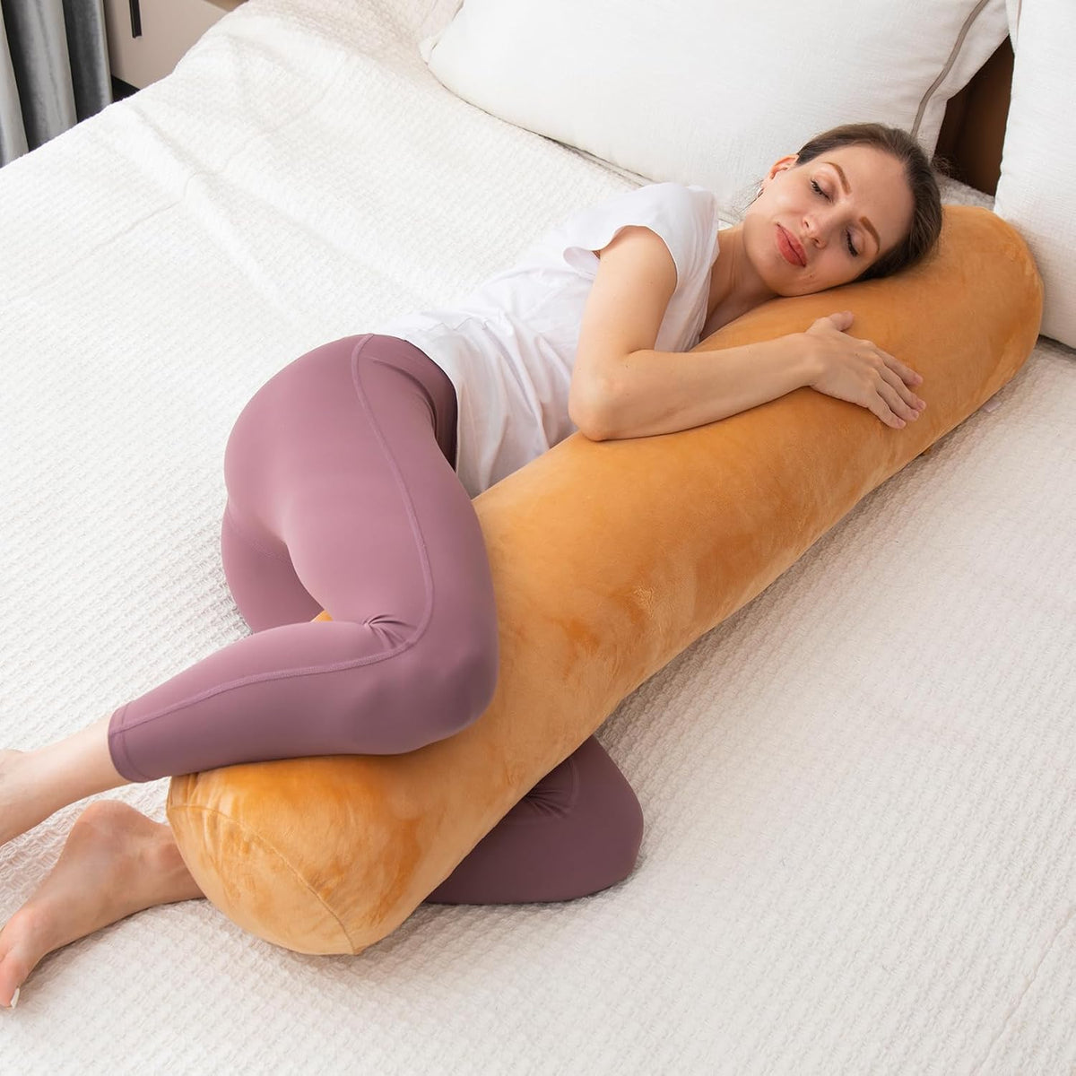 1 MIDDLE ONE Body Pillow for Adults, Bolster Pillow with Removable Velvet Cover, Long Round Cervical Roll Pillow, 35 x 7.87 Inches, Blue