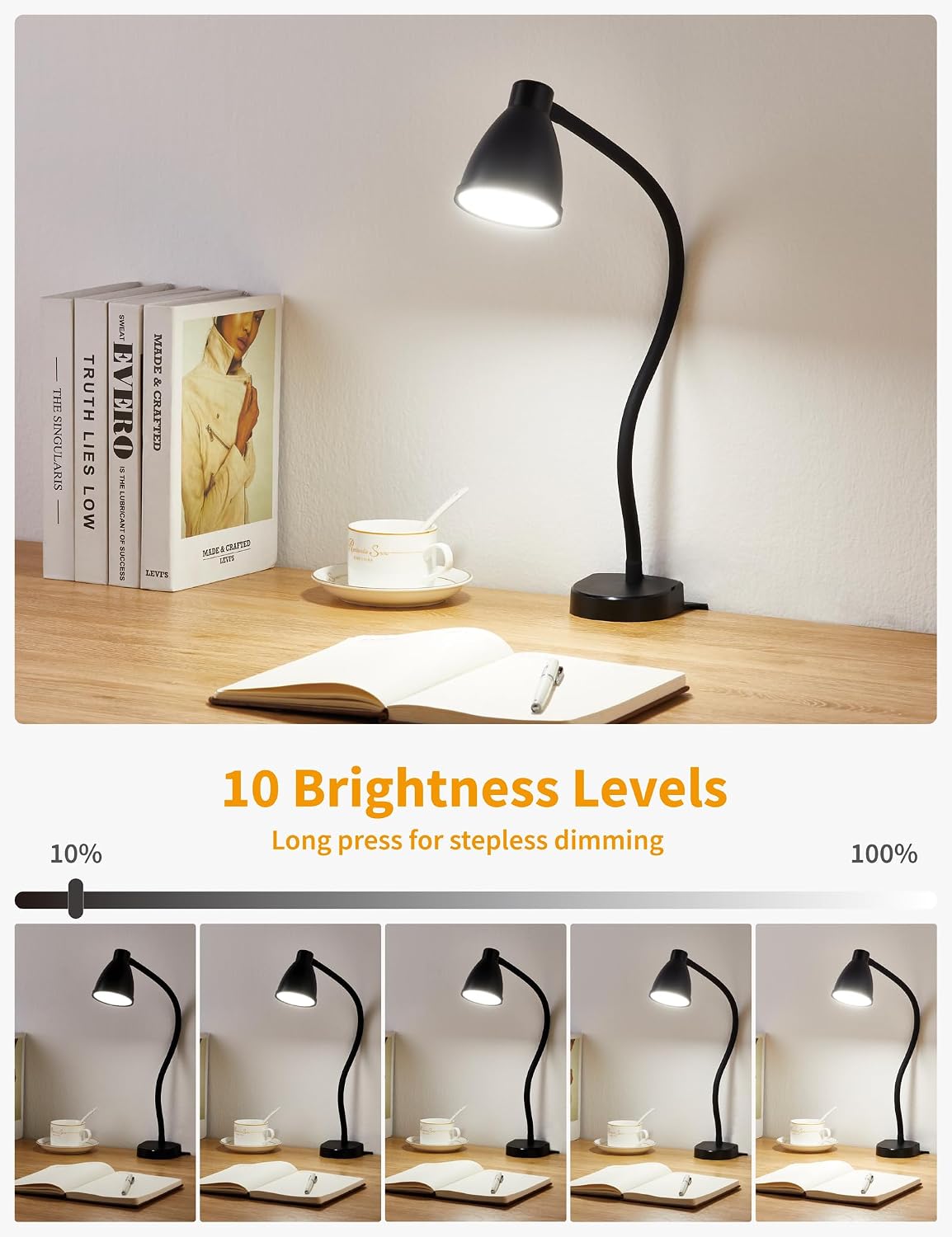 BOHON No Install Bedside Reading Light, Clip-Free Wall Mounted Lamp Black | 5 Colors & 10 Brightness Levels, Flexible Gooseneck, 30 Min Auto-Off Timer, Bed Lights for Headboard, Bedroom, Dorm