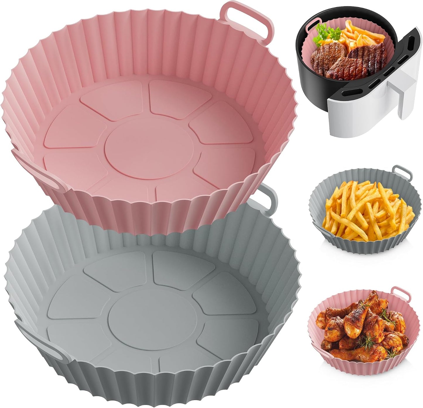 ME.FAN Air Fryer Silicone Liners for 4 to 7 QT [2 Pack] Reusable Air Fryer Basket with Handles & Holes Red
