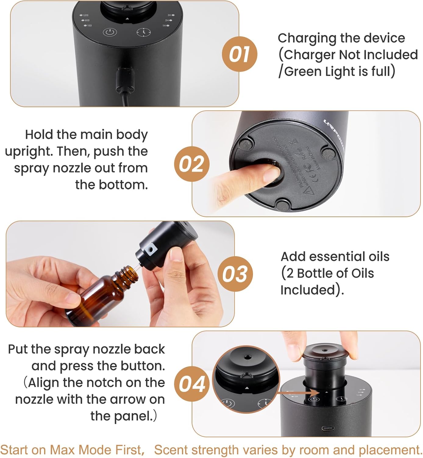 URPOWER Waterless Essential Oil Diffuser Cordless Mini Scent Diffuser 20mL | Includes 2 x 20mL Hotel-Inspired Essential Oils, Rechargeable Aluminum Waterless Diffuser for Car, Home & Office, Black