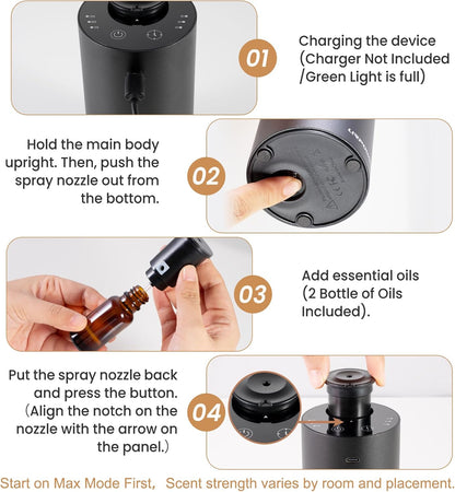 URPOWER Waterless Essential Oil Diffuser Cordless Mini Scent Diffuser 20mL | Includes 2 x 20mL Hotel-Inspired Essential Oils, Rechargeable Aluminum Waterless Diffuser for Car, Home & Office, Black