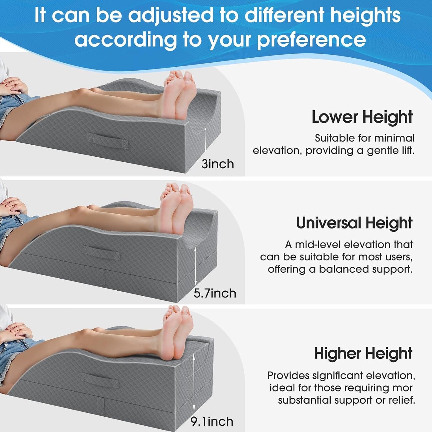 TranquilRelax Leg Elevation Pillows for After Surgery, Wedge Pillow, Grey | Memory Foam, All-around Knee & Ankle Support for Swelling, Height-adjustable, Nop-Slip Bottom, Washable Cover, Single-leg