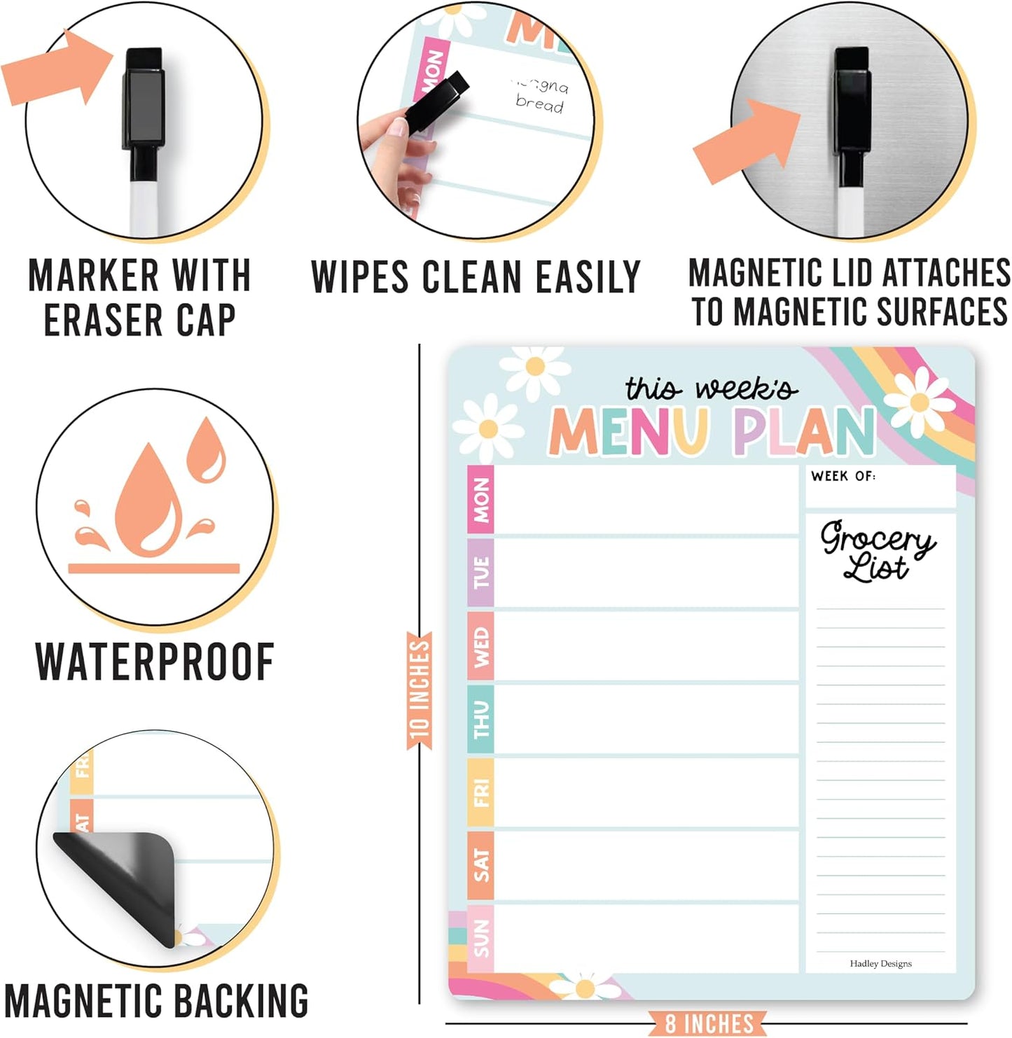 Hadley Designs Weekly Meal Planner for Fridge - Dinner Menu Board for Kitchen, Colorful Weekly Menu Board Dry Erase, Dry Erase Meal Planner for Fridge