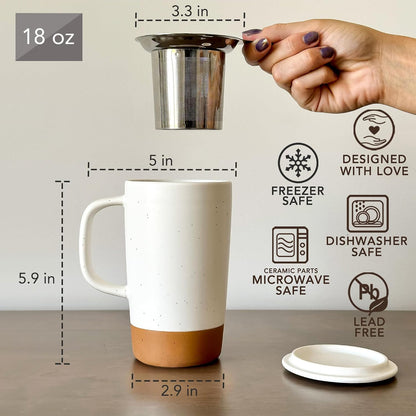 Mora Ceramics Large Tea Mug with Loose Leaf Infuser and Ceramic Lid, 18 oz, Portable, Microwave and Dishwasher Safe, Tall Coffee Cup - Rustic Matte Ceramic Glaze, Modern Herbal Tea Strainer, Olive