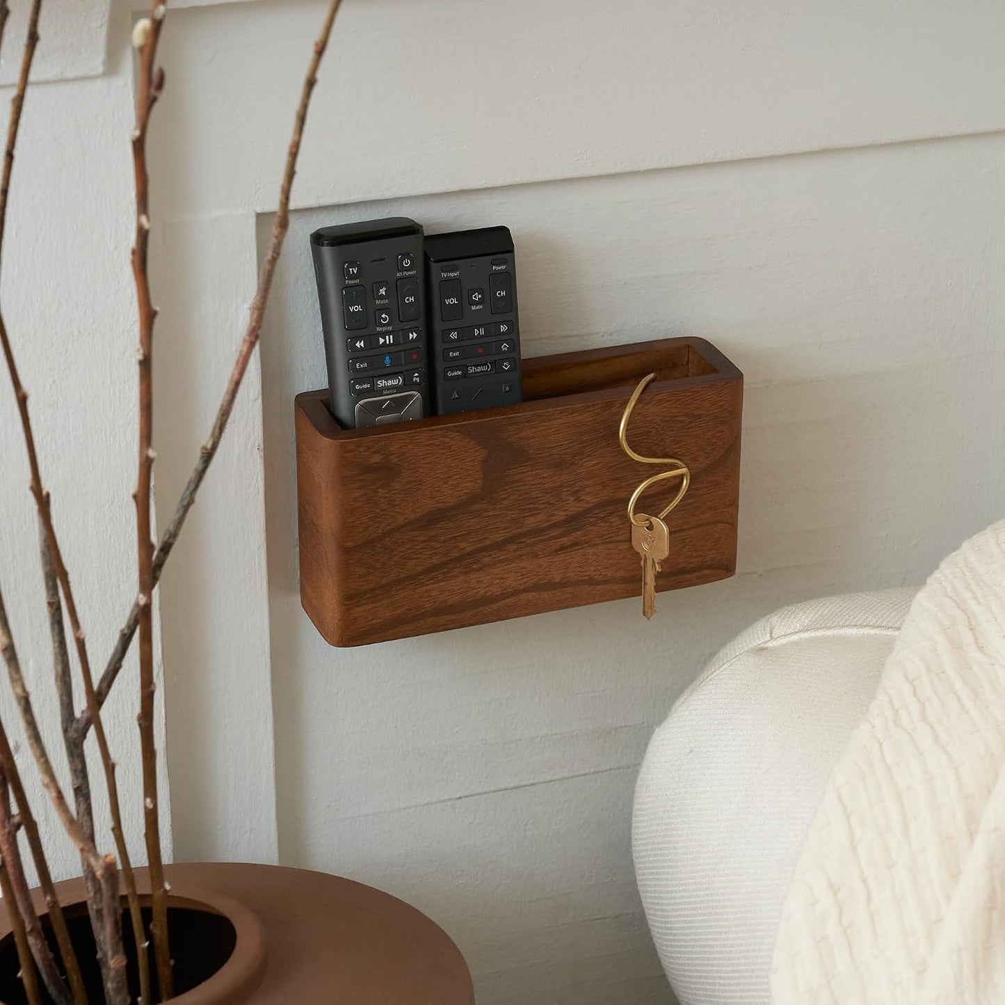 Wooden Remote Control Holder - Adhesive Wall Mount Caddy for 3-4 Remotes | Easy Install Natural Wood Organizer Keeps Them Neatly Organized - Perfect for Any Bed or Living Room Wall