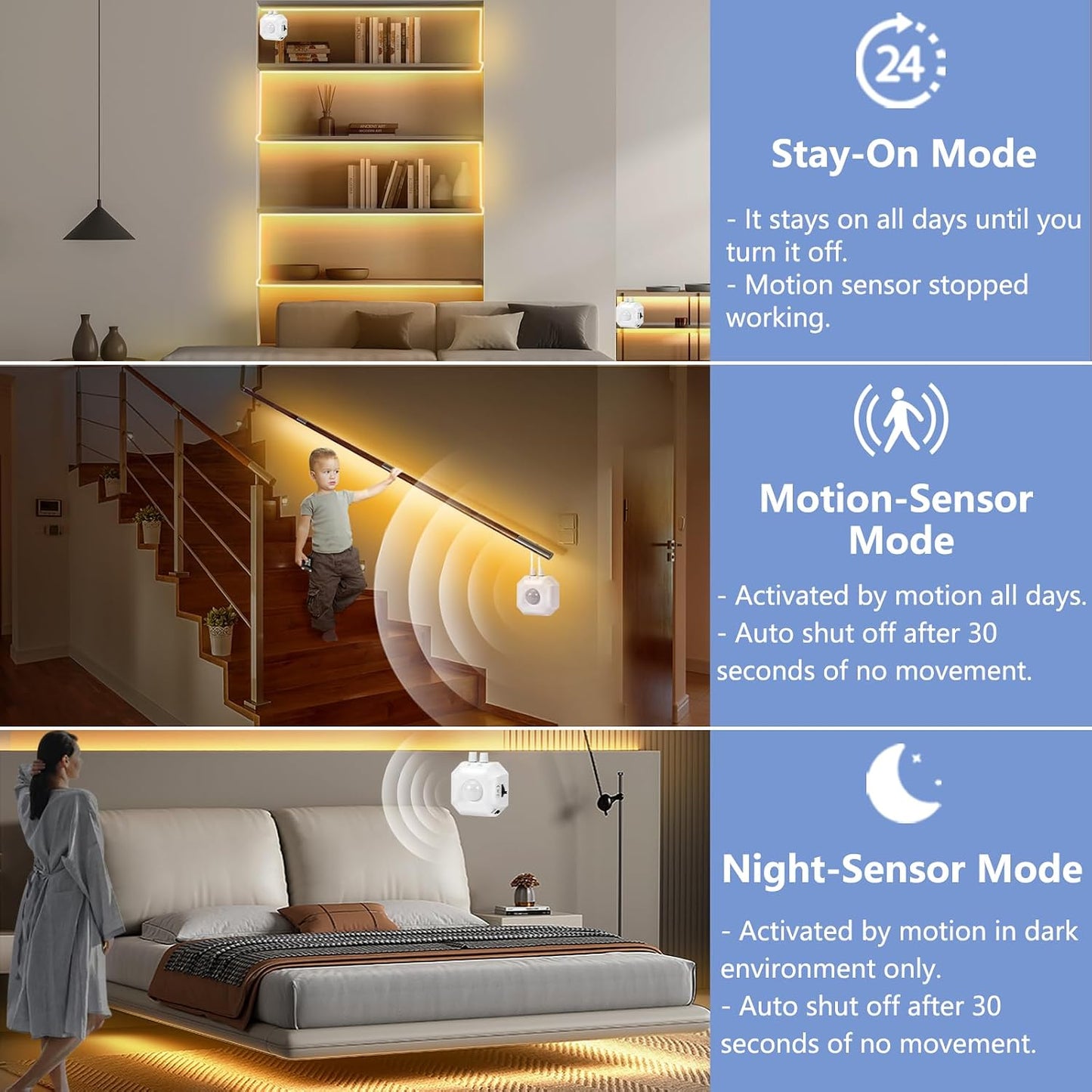 Dual Motion Sensor Light Strip Indoor Under Bed Lights Warm White 16.4Ft | Motion Activated LED Strip Lights, Auto On/Off, Two-End Motion Sensors Night Lighting 12V For Bedside Stair Cabinet Hallway